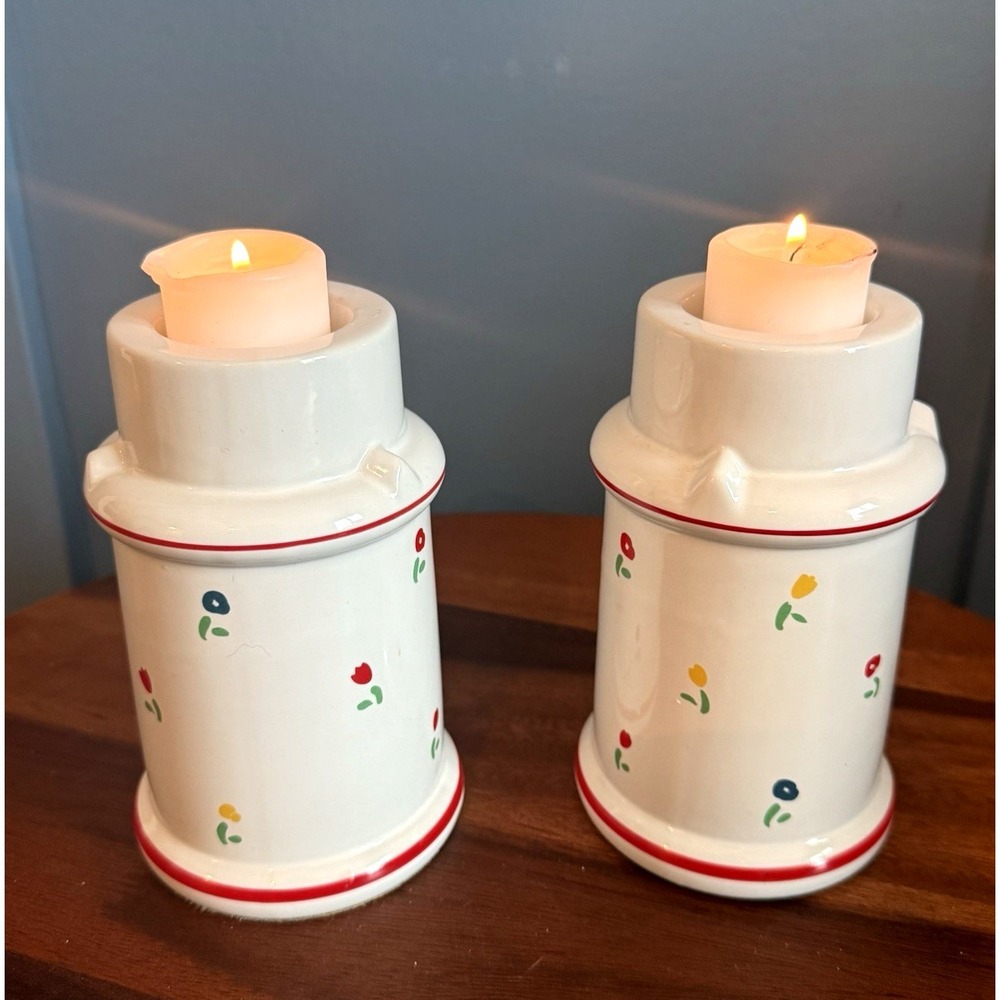 Vintage Tulip Ceramic Candlestick Holders Milk Can‎ Pair Cottagecore Riva Japan